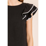 Women's Black With White Ricrac Ruffle Short Sleeve