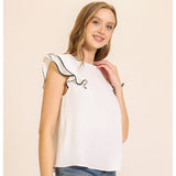 Women's White With Black Ricrac Ruffle Short Sleeve