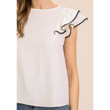 Women's White With Black Ricrac Ruffle Short Sleeve
