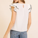 Women's White With Black Ricrac Ruffle Short Sleeve