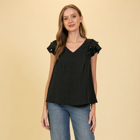 Black Cap Ruffle Tiered Sleeve V-Neck 