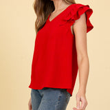 Women's Solid Red With Ruffled Short Sleeves