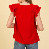 Women's Solid Red With Ruffled Short Sleeves
