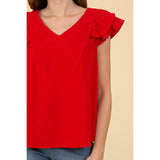 Women's Solid Red With Ruffled Short Sleeves