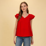 Red Cap Ruffle Tiered Sleeve V-Neck 