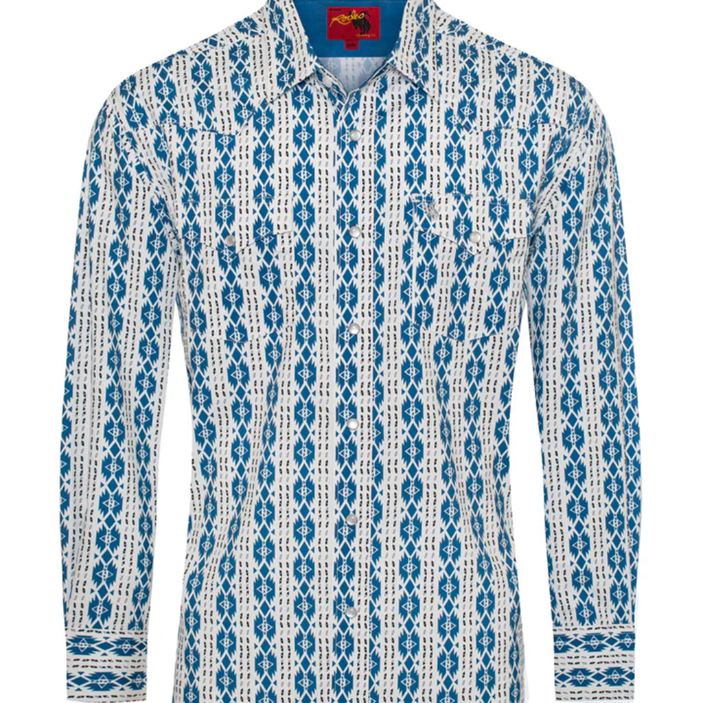 White and blue Aztec printed long sleeve pearl snap shirt. It features two chest pockets ad a spread collar. 