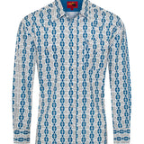 White and blue Aztec printed long sleeve pearl snap shirt. It features two chest pockets ad a spread collar. 