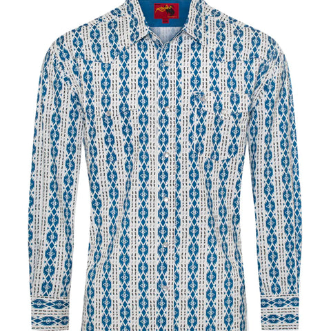 White and blue Aztec printed long sleeve pearl snap shirt. It features two chest pockets ad a spread collar. 