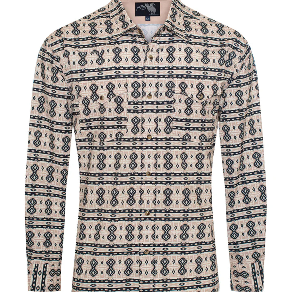 Tan and black Aztec printed long sleeve pearl snap shirt with brown naps and two chest pockets. 