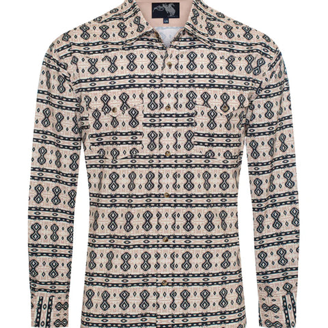 Tan and black Aztec printed long sleeve pearl snap shirt with brown naps and two chest pockets. 