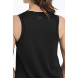 Back of women's black tank top with gray cinch logo at the top.