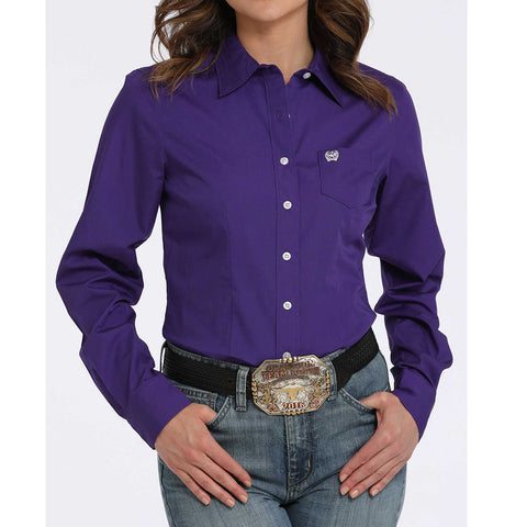 Purple long sleeve shirt with white buttons and cinch logo.