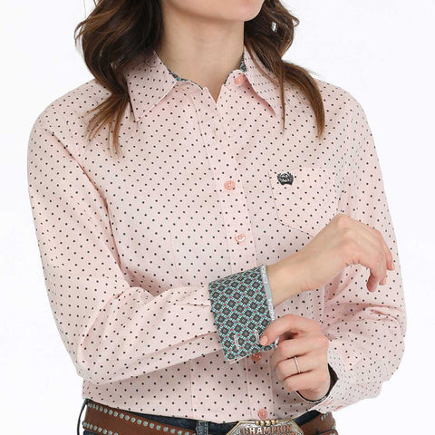 Pink and gray poka a dot long sleeve button up shirt.