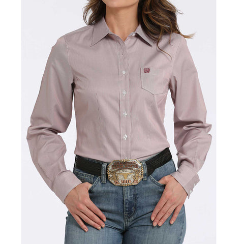 Pink stripe long sleeve with white buttons and dark pink cinch logo.