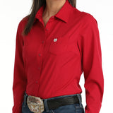 Front side view of model wearing solid pink long sleeve. 