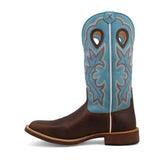 men's brown & blue square toe boot with pull holes left side view