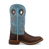 men's brown & blue square toe boot with pull holes right side view with white piping