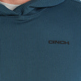Close up view of the shirt, it has thin stripes and a black "CINCH" logo on the left chest. 