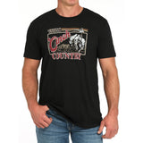 bucking horse, American original on front of black crew neck t shirt 