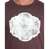men's short sleeve heather purple tee with silver Cinch Rodeo graphic front-close up of graphic