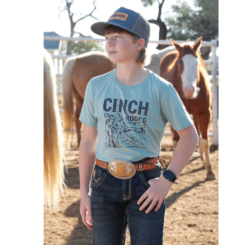 Boys Cinch Rodeo T shirt with steer wrestler design.