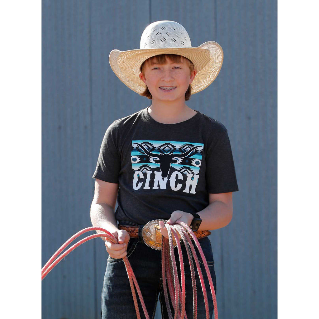 Black T-shirt with a Turquoise Aztec and Longhorn Graphic
