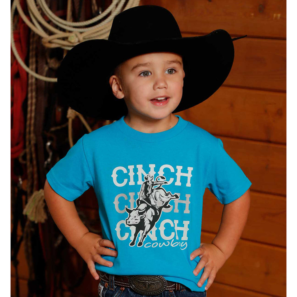 Front view of Cinch toddler shirt featuring bold bull rider design