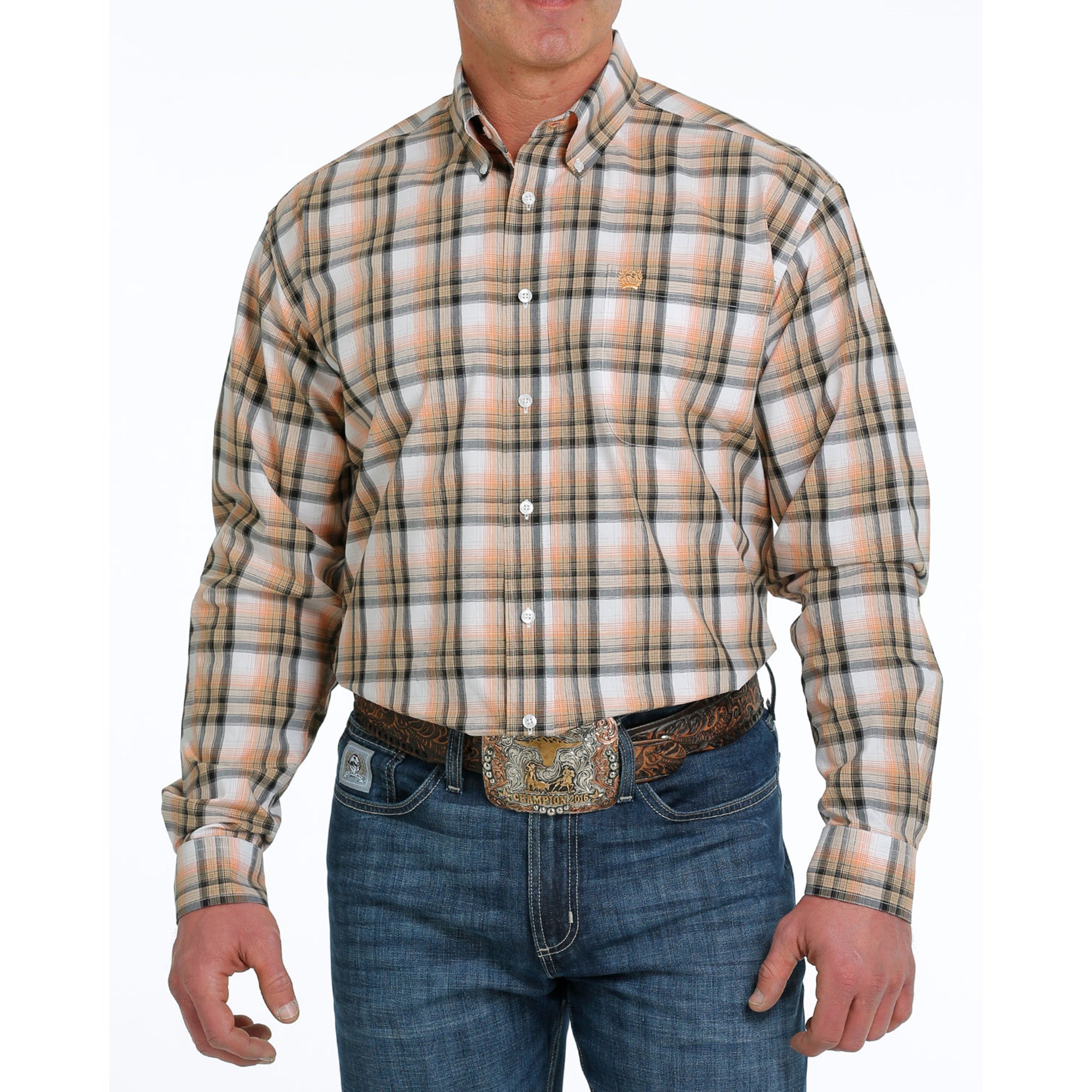 orange and white checkered dress shirt Long Sleeve Orange and White Classic Button Down Collar Check Shirt with Magnetic Closures Orange and White / 3XL