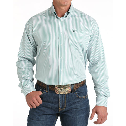 Green Striped Button-Down Long Sleeve Shirt with Single Chest Pocket
