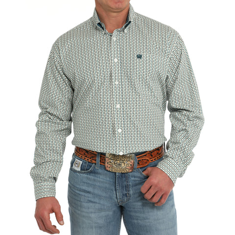 White/Green Geo Print Button-up Long Sleeve Shirt with Single Pocket
