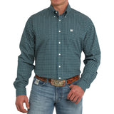 Teal Geo Print Button-Down Long Sleeve Shirt with Single Pocket