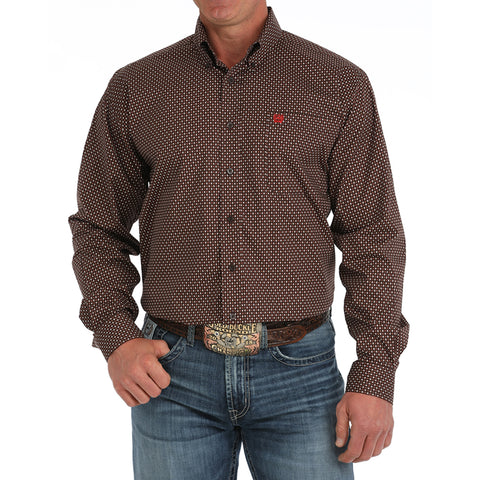 Brown/Red Geo Print Long Sleeve Button-Down with Single Chest Pocket