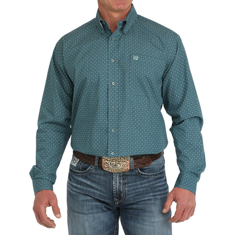 Green Geo Print Button-up Long Sleeve Shirt with Single Pocket
