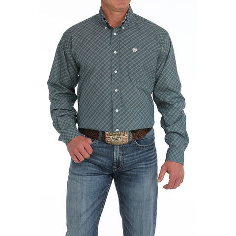 Blue and Green Line Print Button-up Long Sleeve Shirt with Single Pocket