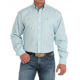 White/Turquoise Striped Buton-up Single Pocket Long Sleeve Shirt