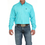 Solid Turquoise Button-up Single Pocket Long Sleeve with Contrasting Cuffs and Collar