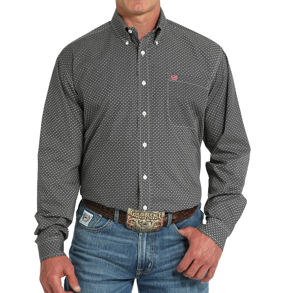Gray and black circle print long sleeve with white buttons and red cinch logo.