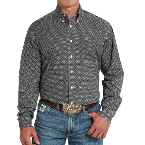 Gray and black circle print long sleeve with white buttons and red cinch logo.