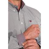 Close up of grey and white stripe shirt with burgundy print cuff.