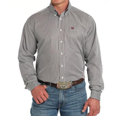 Grey and white stripe long sleeve with white buttons and burgundy cinch logo.