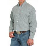 White - Turquoise - Navy Geo Pattern Button Up Long Sleeve