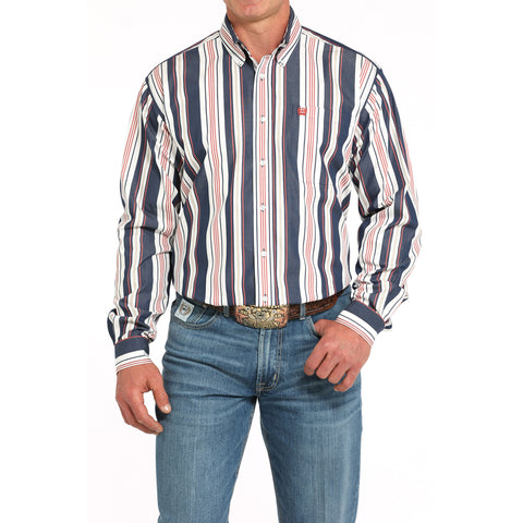 White, navy and red striped long sleeve button up shirt
