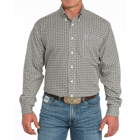 Cinch Cream and Tan Geo Print Long Sleeve Button-up Shirt