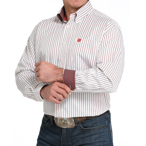 Cinch Mens's White and Red Pin Stripe Long Sleeve