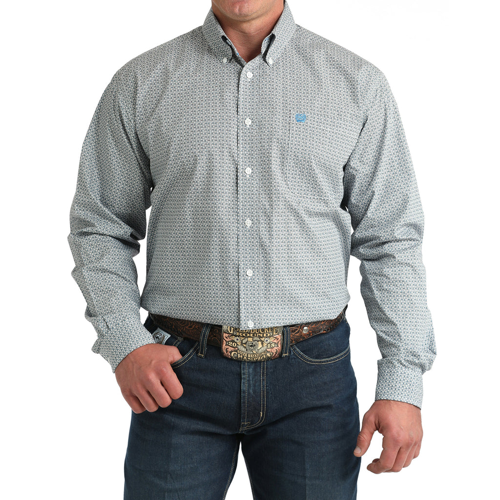 Cinch Men's White Square Stitch Print Classic Fit Button-Down Western Shirt