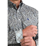 Cinch Men's Grey Paisley Classic Fit Button Long Sleeve Western Shirt close up cuff view