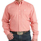 Red and white weave print long sleeve button down shirt with white buttons.