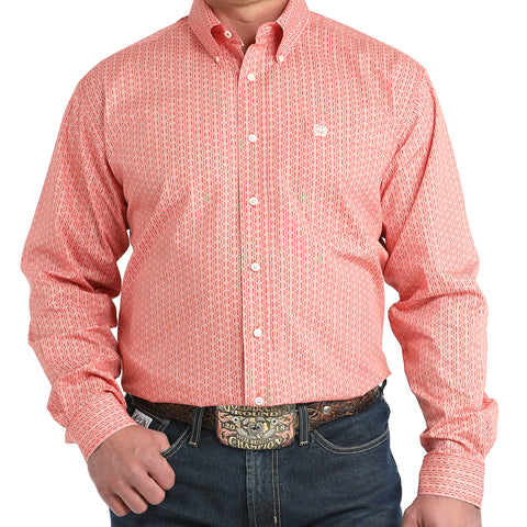 Red and white weave print long sleeve button down shirt with white buttons.