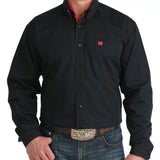 Men's plain black long sleeve button down shirt with contrast pink inside cuff, embroidered logo, and inside collar. 