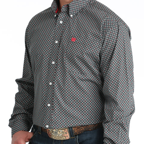 Black and red geometric print long sleeve button down shirt with white buttons. 